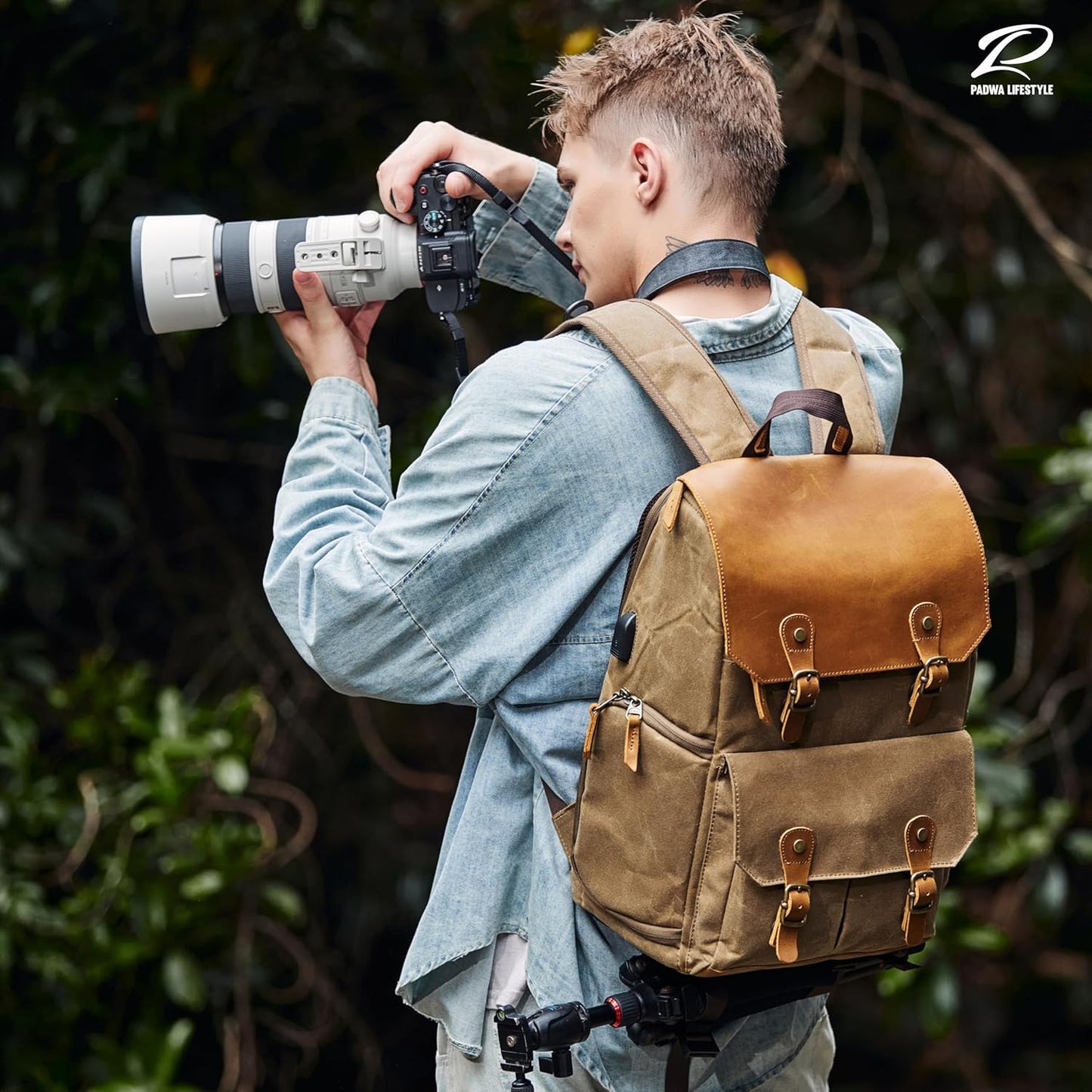 Padwa Lifestyle Khaki Camera Backpack - Waxed Memory Weather Resistant Canvas Camera Bag, Multi DSLR SLR Large Camera Backpacks for Photographers with 16” Laptop & Lens Compartment and Tripod Holder