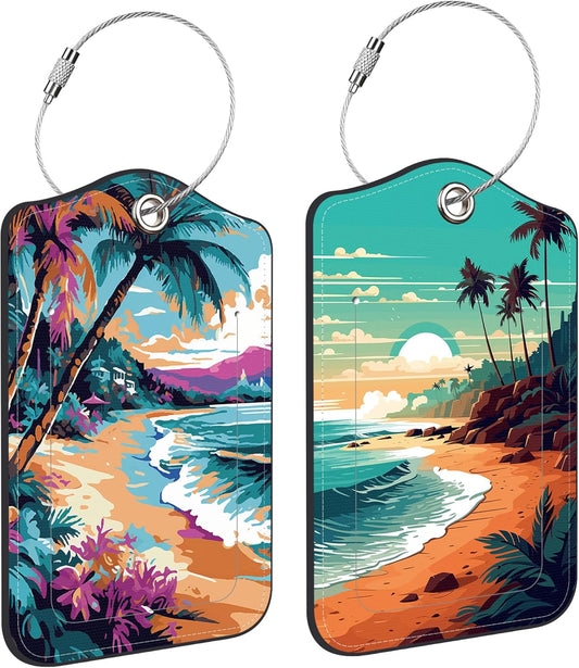 2 PCS Leather Luggage Tags for Suitcase Sea and Beach Coastal Landscape Travel Luggage Tag with Privacy Flap Name ID Label and Metal Loop for Travel Bag Suitcase