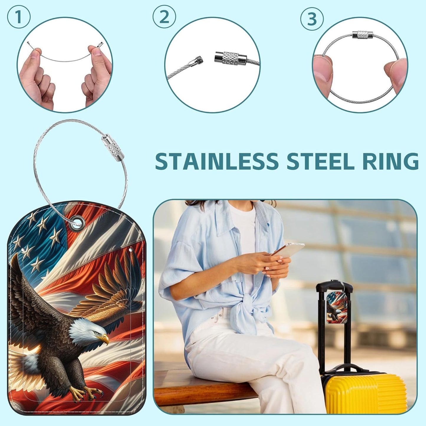 2 Pack Cute Luggage Tag for Suitcases Eagle and American Flag Leather Luggage Tags with Stainless Steel Loop Privacy Flap Name Tags,Men and Women Travel Bag Suitcase Tags