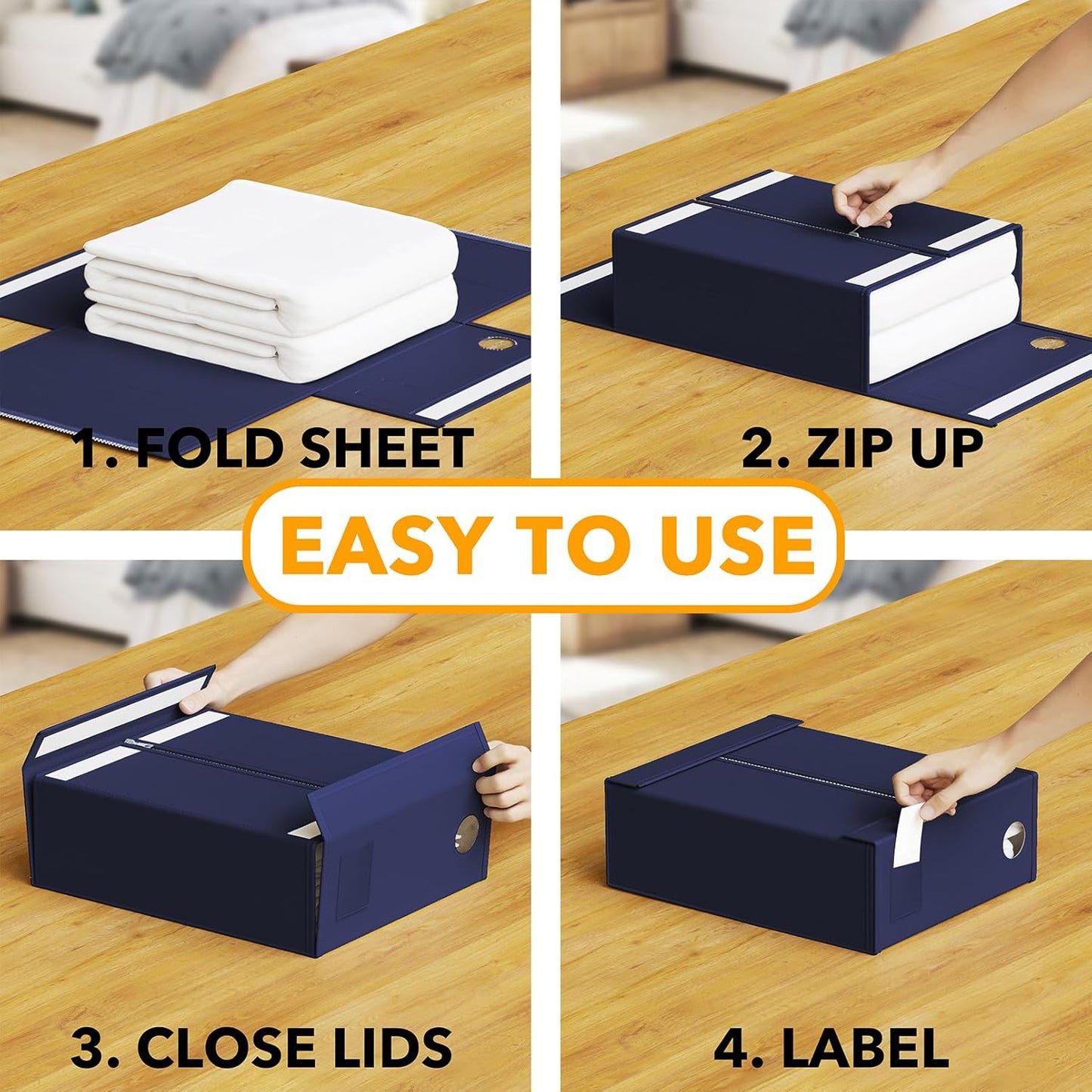 SpaceAid 3 Pack Bed Sheet Organizers and Storage, Foldable Sheet Organizer for Linen Closet, Sheets Set Folder Keeper with Window XL (Queen & King Size) Bedding Container (Navy Blue, 3 Pack)