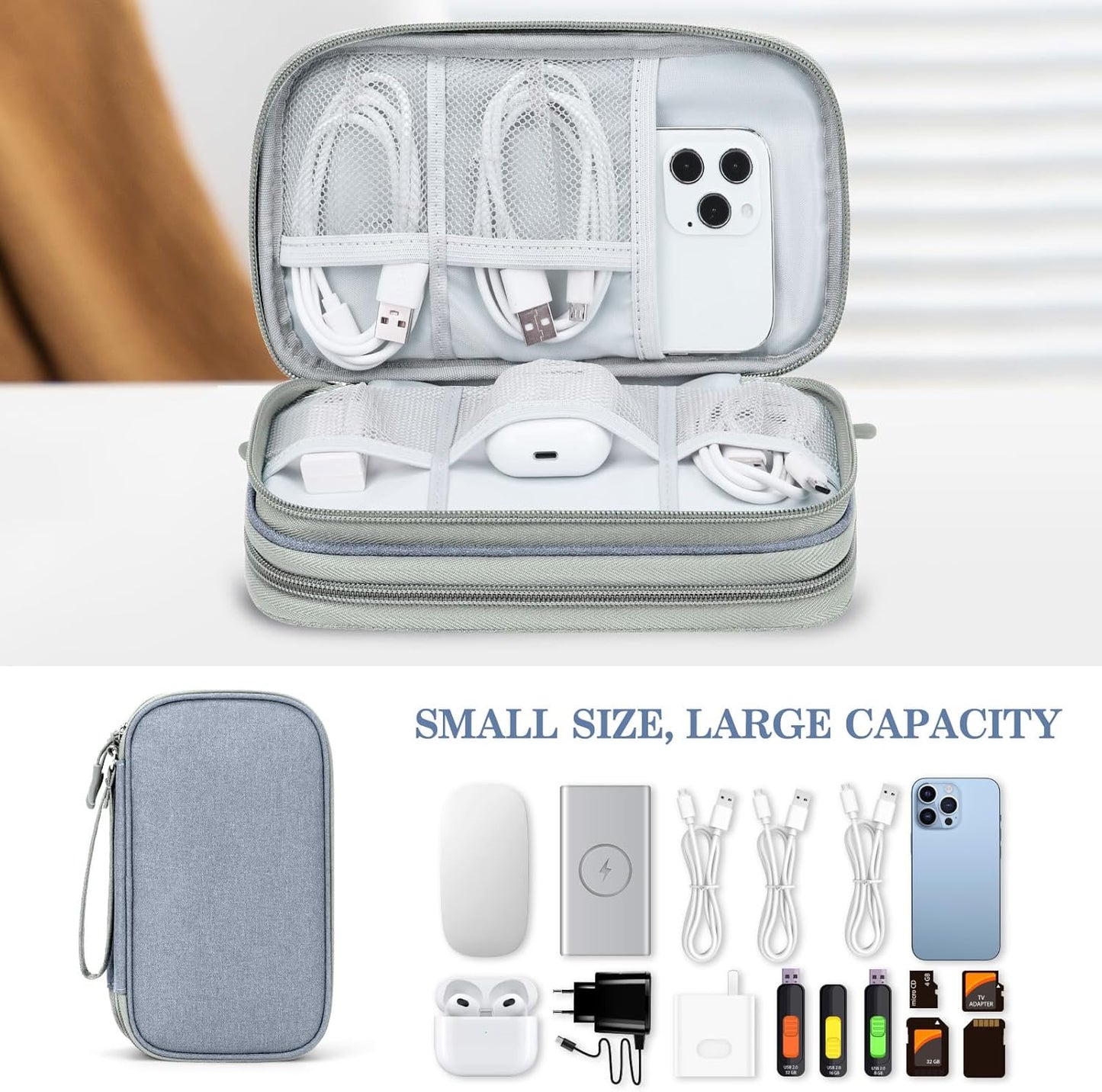 FYY Electronic Organizer, Travel Cable Organizer Bag Pouch Electronic Accessories Carry Case Portable Waterproof Double Layers Storage Bag for Cable, Charger, Phone, Earphone, Medium Size- Light Grey