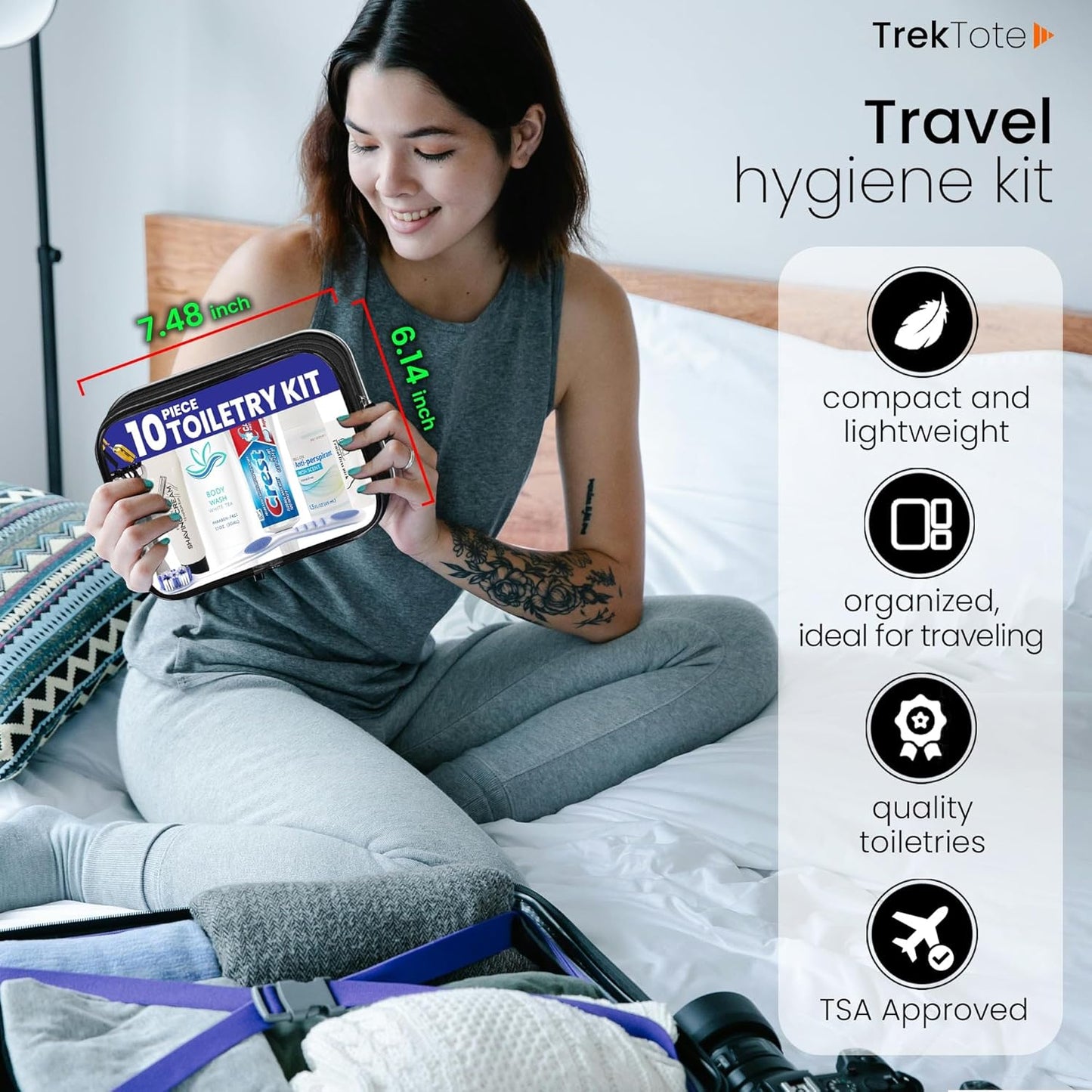 Trektote Travel Toiletry Kit For Men And Women – 10 Piece Set of Travel Size Toiletries, TSA Compliant, Includes Body Wash, Deodorant, Shaving Cream And Razor, Oral Care, Reusable Toiletry Bag & More