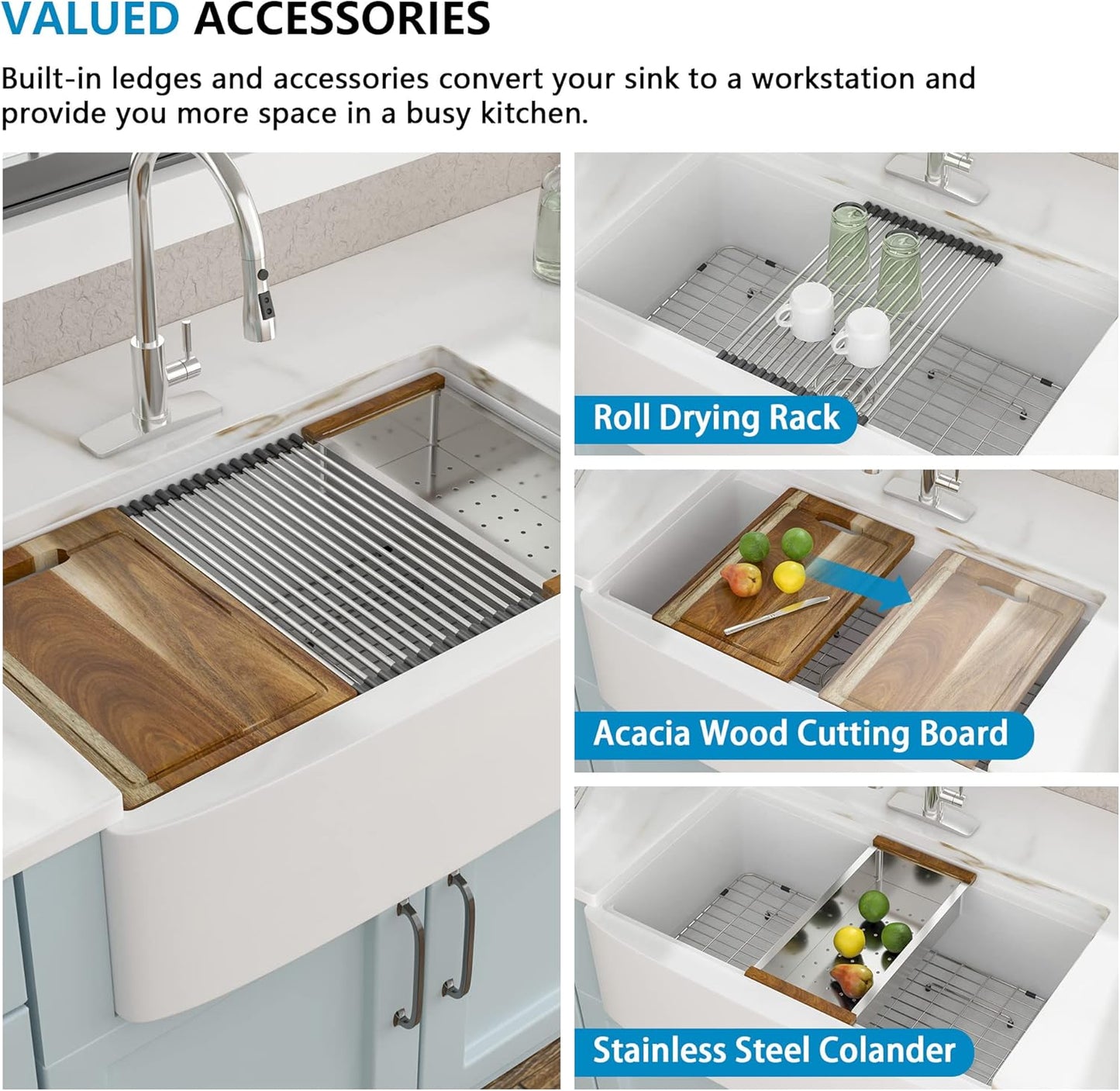 33 White Farm Sink Workstation - Fulorni 33"x21" Apron Front Farmhouse Sink Workstation with Slide Ledge White Ceramic Porcelain Fireclay Single Bowl Farmer Kitchen Sink Basin