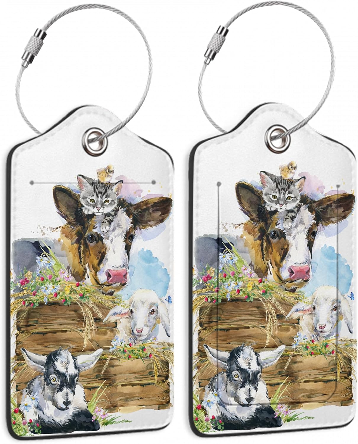2 Pack Luggage Tags for Suitcases Cute Cow Cat Chicken Sheep Luggage Tag,Leather Stainless Steel Loop Label Tag for Men Women Travel Bag Suitcase