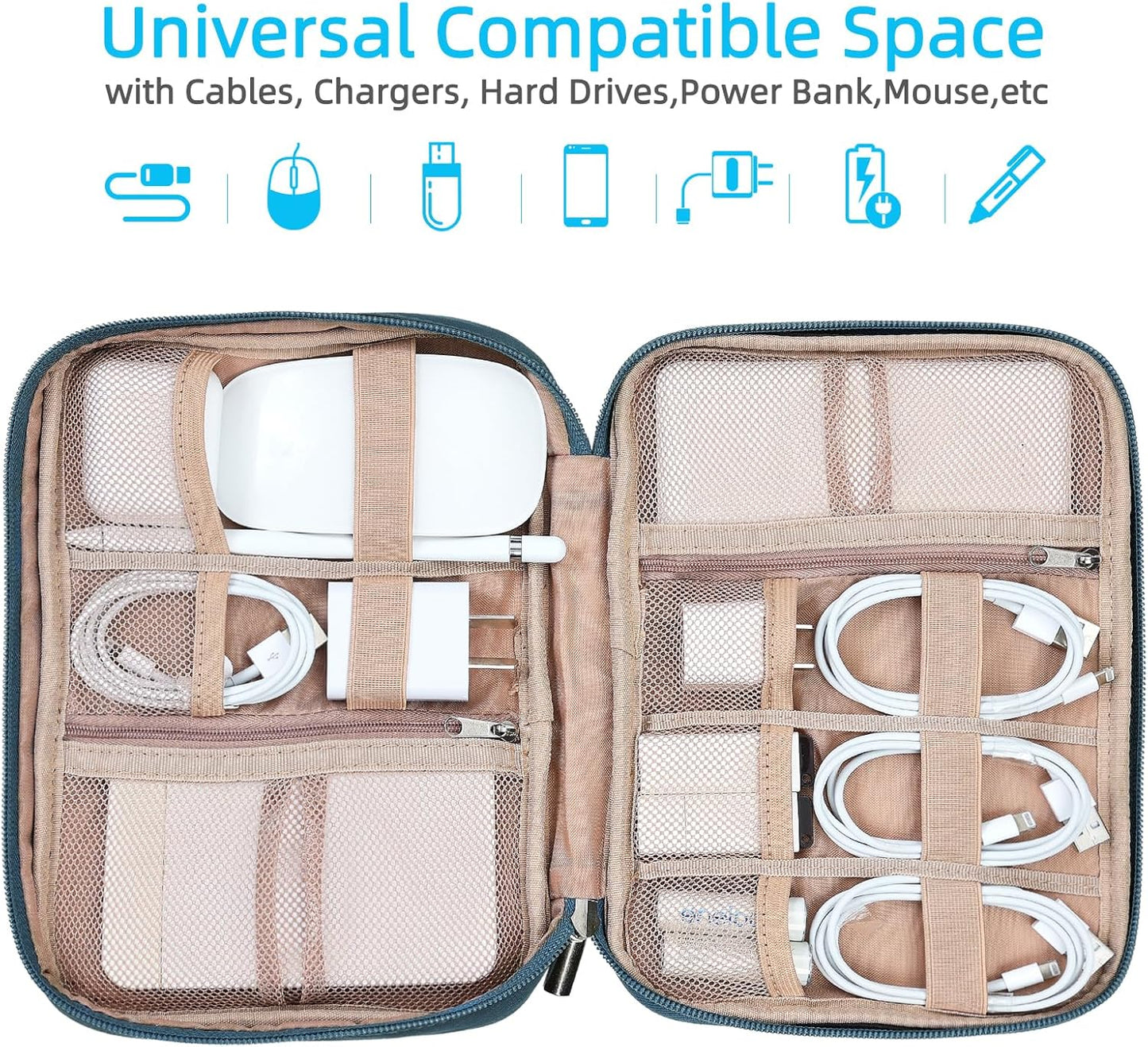 NISHEL Travel Cord Organizer Case, Tech Electronic Bag, Essentials for Charger, Cable, Phone, Hard Drive, USB, SD Card, Lake-Blue