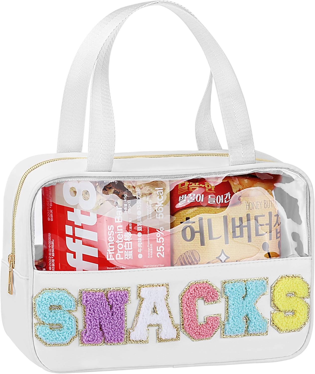 Snack Bag for Travel - Chenille Letter Clear Makeup Bag, Large Preppy Patch Snack Cosmetic Bag with Handle and Zipper, Cute Makeup Pouch Nylon&PVC Waterproof Toiletry Organizer Storage for Women Girls