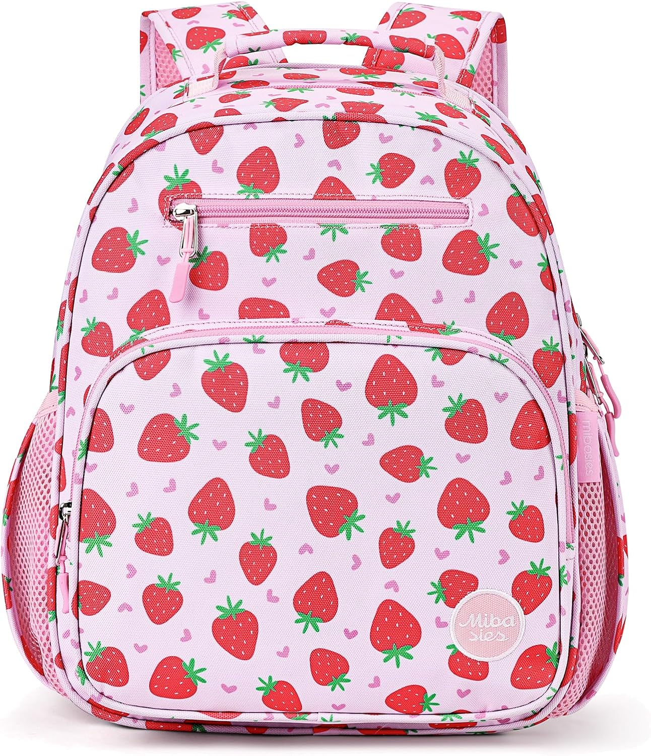 mibasies Girls Backpack 5-8: Lightweight Kids Backpacks for Girls - Girl Bookbag for Elementary School - Strawberry Heart-shaped Pink