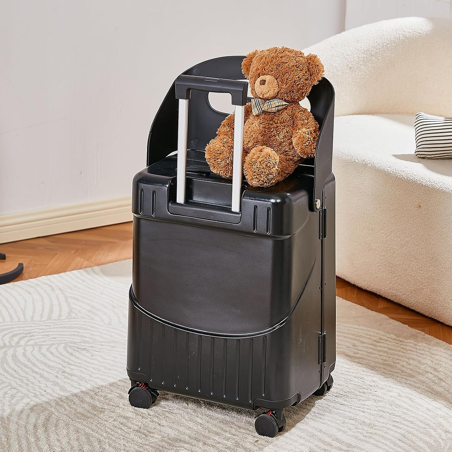 20 Inch Carry On TSA Lock Luggage for Kids& Adult,Lockable Spinner Wheels Free Luggage Cover and Safety Seatbelt Travel Suitcase(Carry-On TSA Luggage with Child Seat Black)