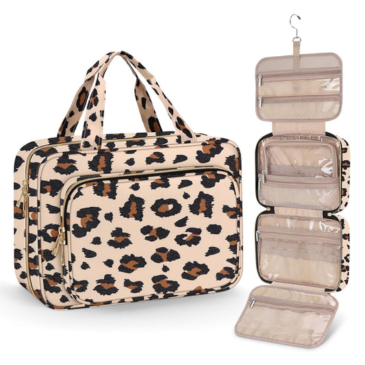 Wedama Toiletry Bag for Women, Medium Cosmetic Travel Bag, Hanging Toiletry Bag for Bathroom, PVC Waterproof Makeup Bag, Toiletries Bag for Travel Business Trips and Camping, Leopard Print