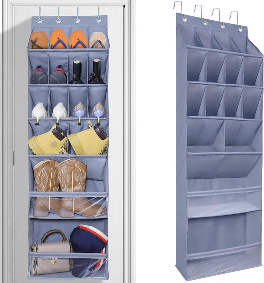 Over The Door Shoe Organizer with Large Deep Pockets Hanging Multifunction Shoe Holder for Narrow Door Dorm Closet, Grey 16 Pockets