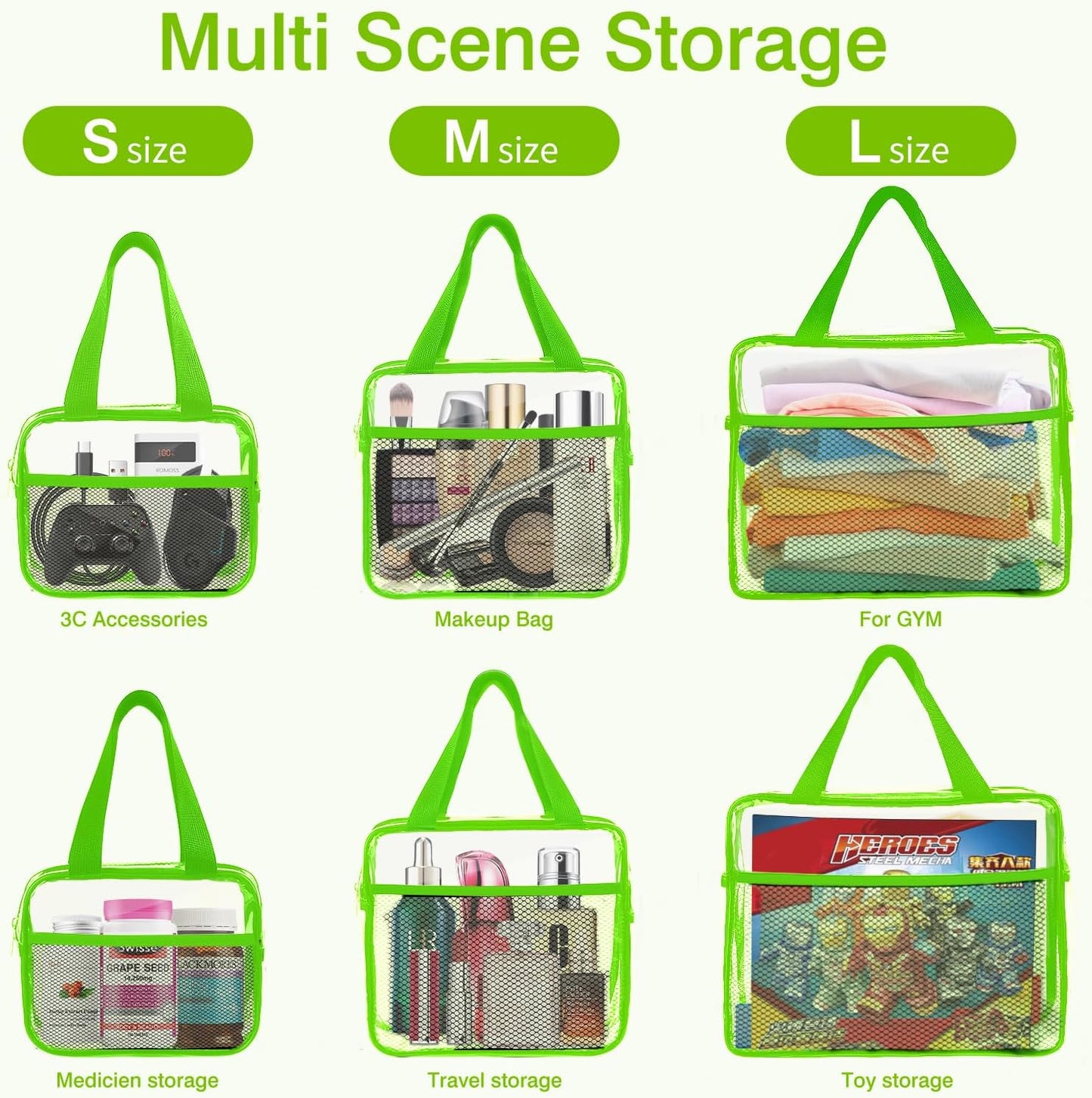 XEWEA Clear Travel Toiletry Bags, 3 Pack TSA Approved Transparent Makeup Bag for Men Women, Large Waterproof PVC Quart Organizer with Zipper for Toiletries Airline Essential,Toy Storage Pouch Green