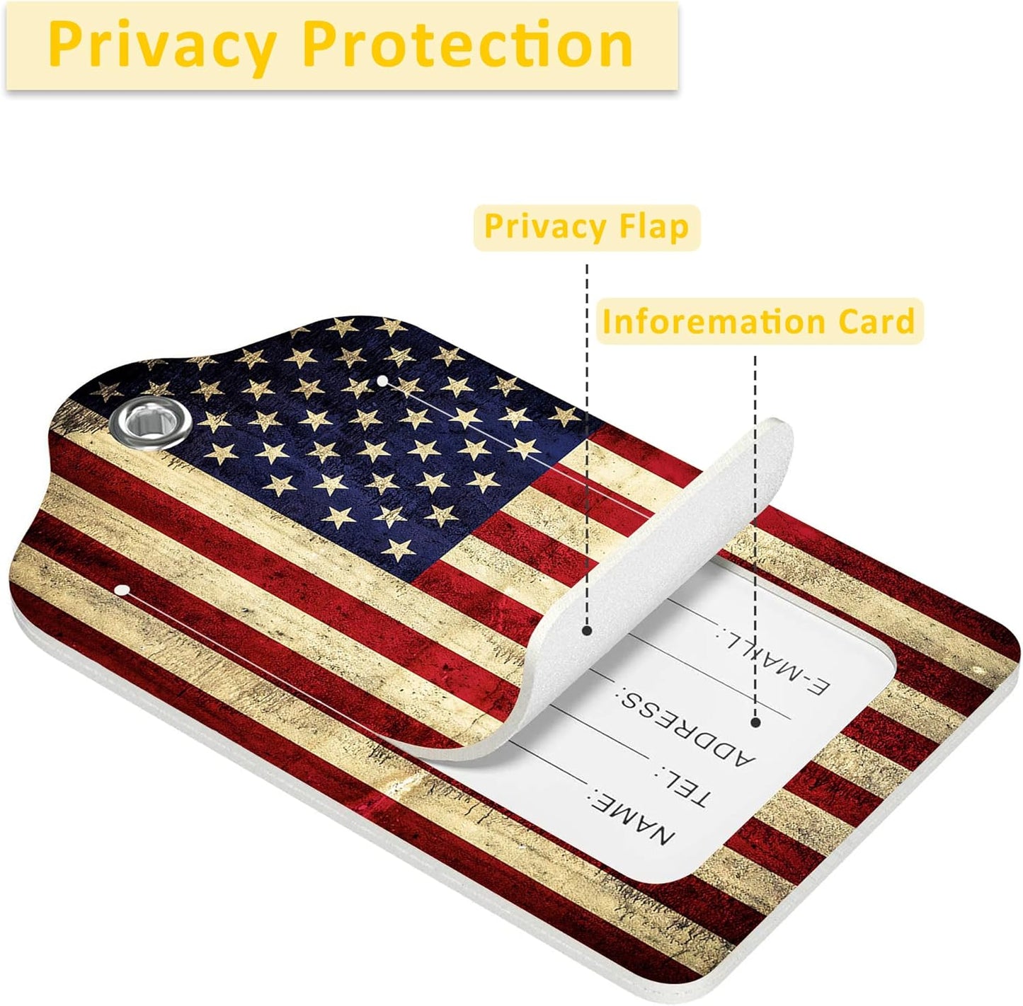 2 Pack American Flag Luggage Tags for Suitcases,USA Flag Leather Baggage Suitcases Tag Name ID Label Privacy Cover Travel Bag Tags for Women Men Boys Girls