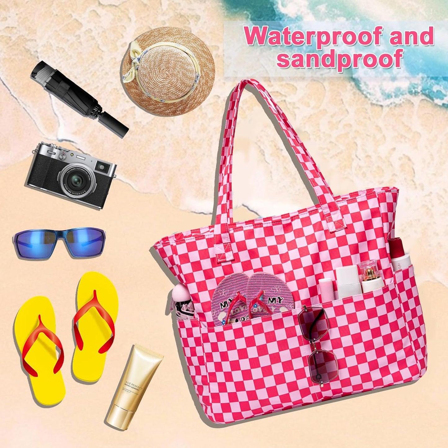 LEDAOU Large Beach Tote Bag Women Waterproof Sandproof Zipper Beach Tote Bag for Pool Gym Grocery Travel with Wet Pocket
