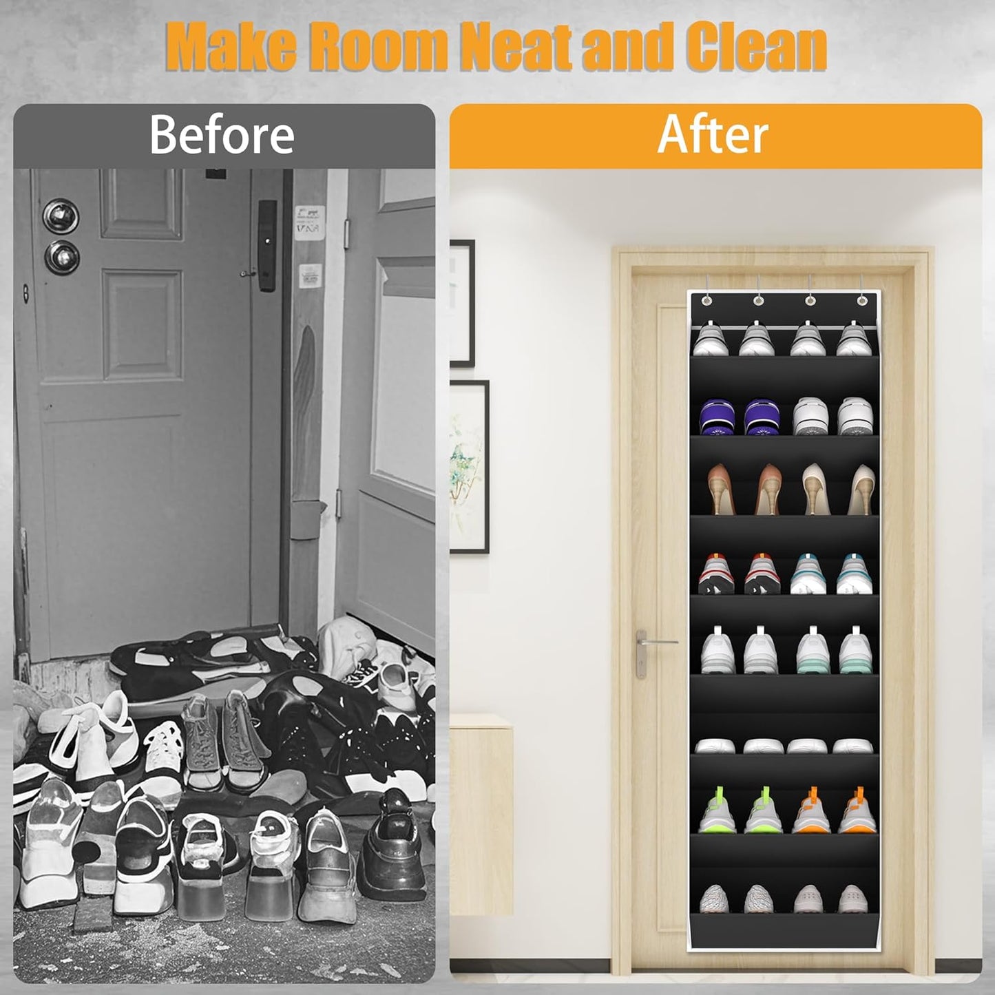 Over The Door Shoe Organizer Storage Fit 16-24 Pairs Hanging Shoe Rack Organiser for Closet Door, Deep Pocket Shoe Holder for Sneakers,Boots Storage(1 Pack Black)