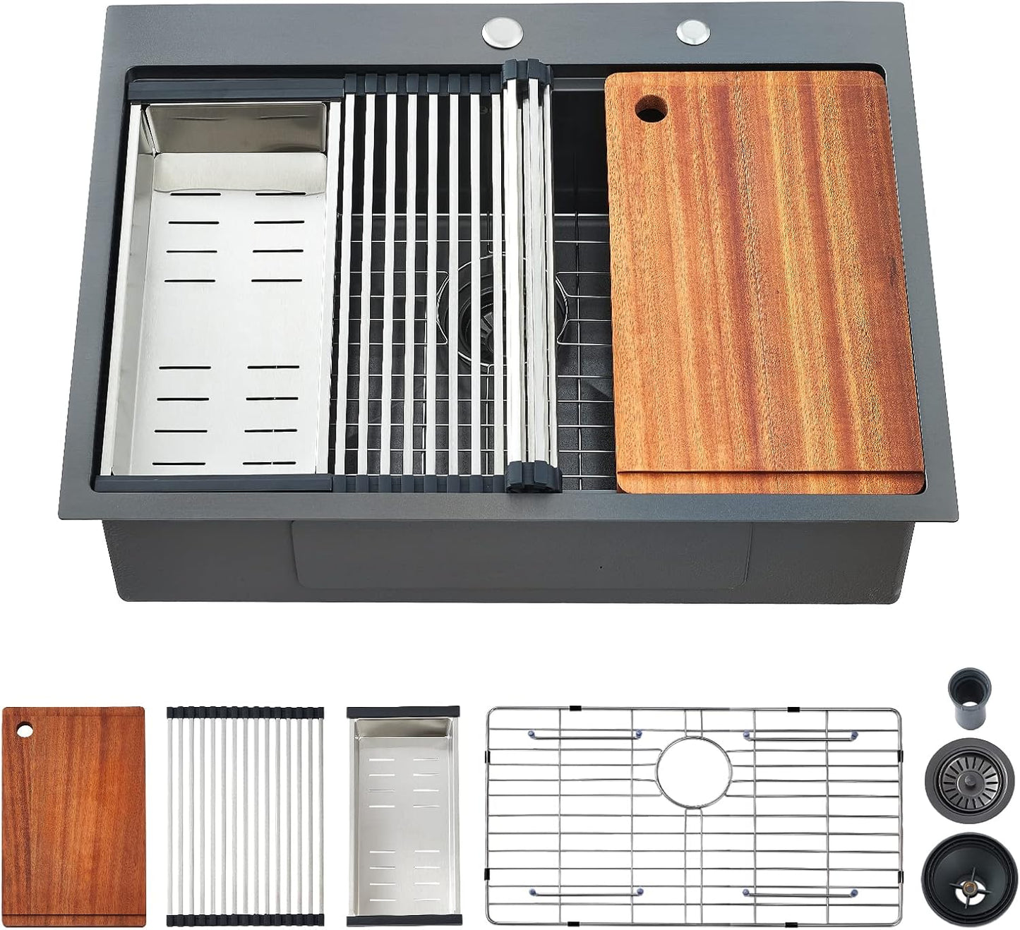 25 Kitchen Sink Drop-In Workstation, 25 x 22 Inch Gunmetal Black Stainless Steel Workstation Sink Topmount Single Bowl with Cutting Board,for Kitchen, Laundry, Utility Room