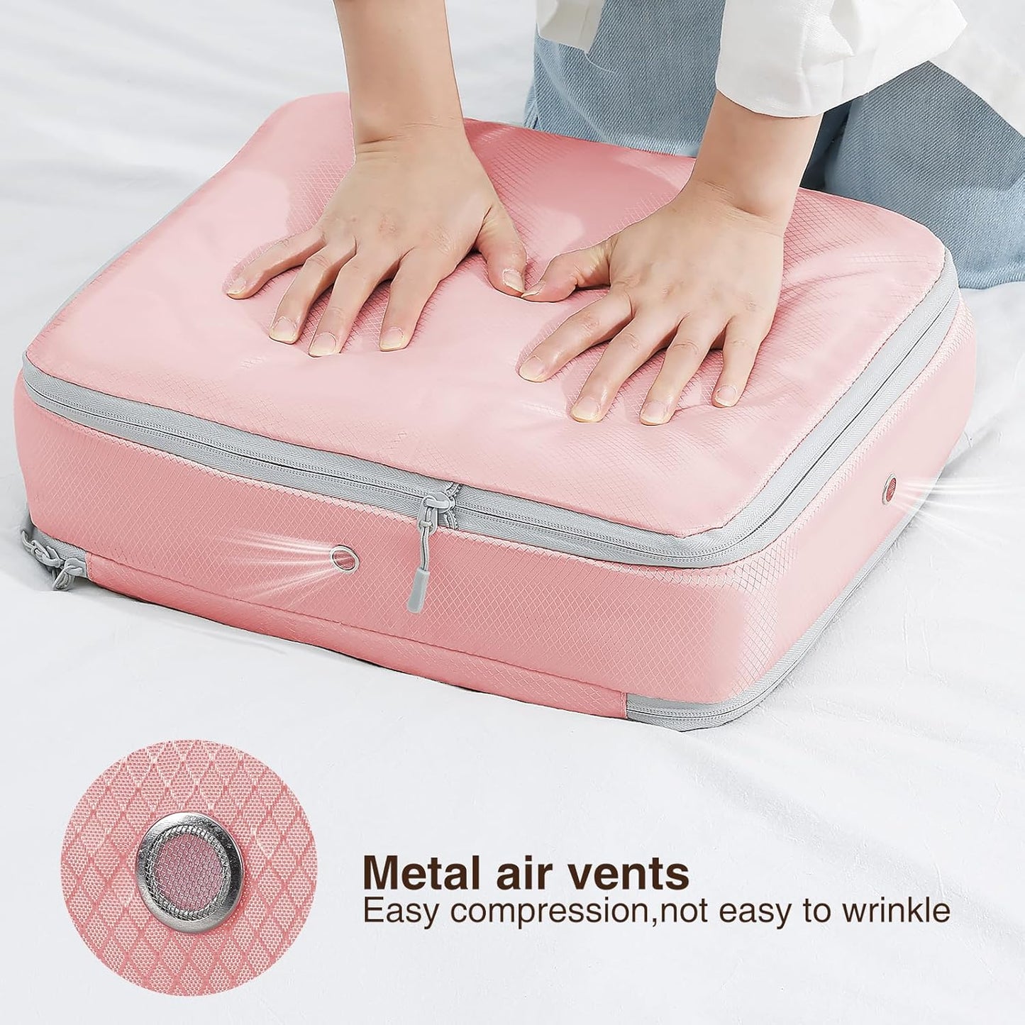 DIMJ Clothes Storage Bag 8 Pack, 19L Compression Storage Bags for Blanket, Sweater, Jacket, Closet, Sheet Storage Organizer with Window Handle, Space Saver Storage Bags with Zipper, Pink