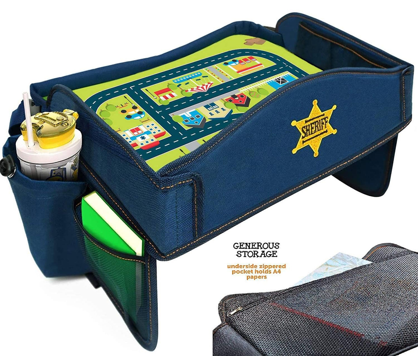 Coolmum Kids Travel Tray, Toddler Car Seat Tray, Double Sided Activity Organizer, Snack Lap Table, Baby Stroller Tray, Airplane Play Table, Waterproof and Foldable (Premium Blue)