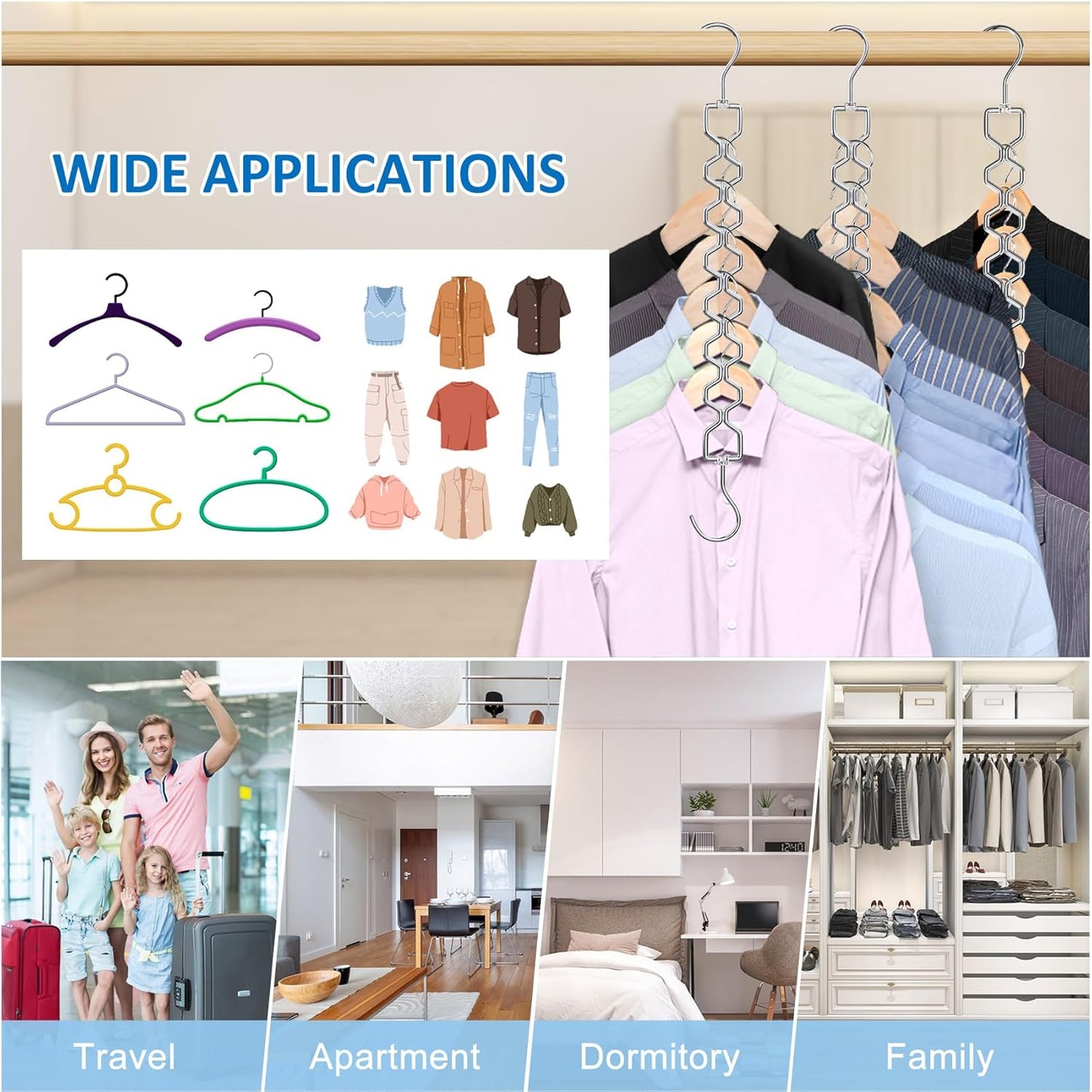 3 Pack Space Saving Hangers for Clothes, Heavy Duty 30Lbs Capacity Magic Clothes Space Saver Sturdy Metal Hanger Organizer with 360° Swivel Hook, Closet Organizers Storage Dorm Essentials Silver