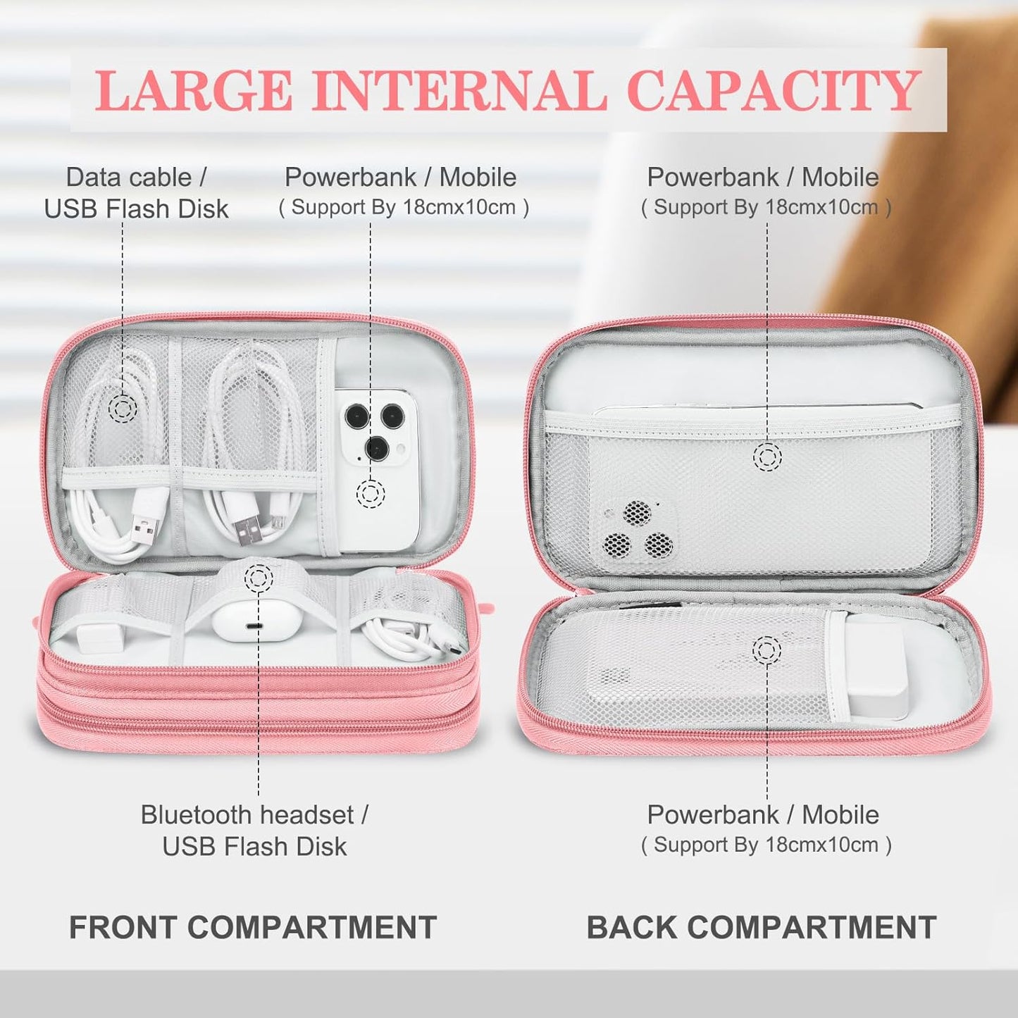 FYY Electronic Organizer, Electronic Accessories Carry Case Portable Waterproof Pouch Double Layers Storage Bag for Travel Cable, Cord, Charger, Phone, Earphone, Medium Size, Pink