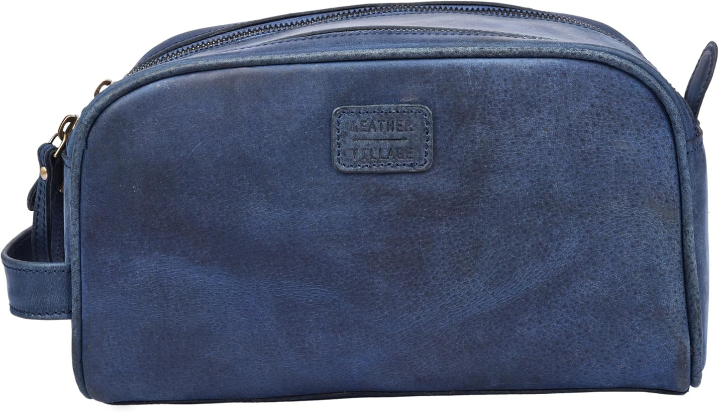 LEATHER VILLAGE Premium Leather Toiletry Travel Pouch With Waterproof Lining - Blue | King-Size Handcrafted Vintage Dopp Kit Bag