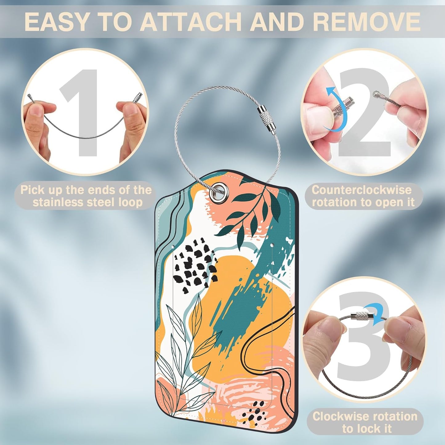 2 Pcs Boho Abstract Modern Art Luggage Tags for Suitcases PU Leather Baggage Tags Name ID Label with Privacy Cover and Stainless Steel Loop for Men Women Travel Bag Suitcase