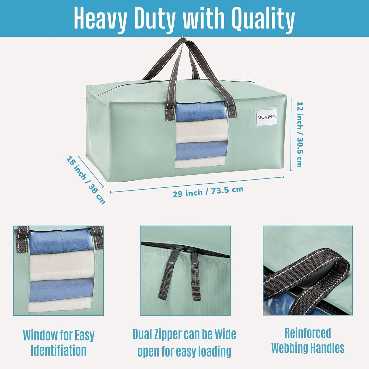 VENO 4 Pack Moving Bags for College, Heavy-Duty Storage Totes, Moving Boxes and Wardrobe Packing Supplies Alternative - Extra Large Durable Laundry Bags for Clothes (Shiny Light Green, 4 Pack)