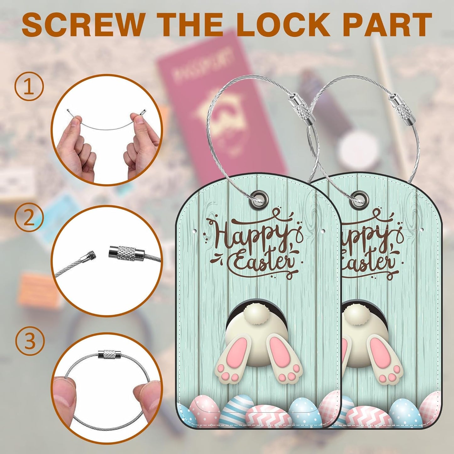 2 PCS Leather Luggage Tags for Suitcase Bunny Bottom and Easter Eggs Travel Luggage Tag with Privacy Flap Name ID Label and Metal Loop for Travel Bag Suitcase