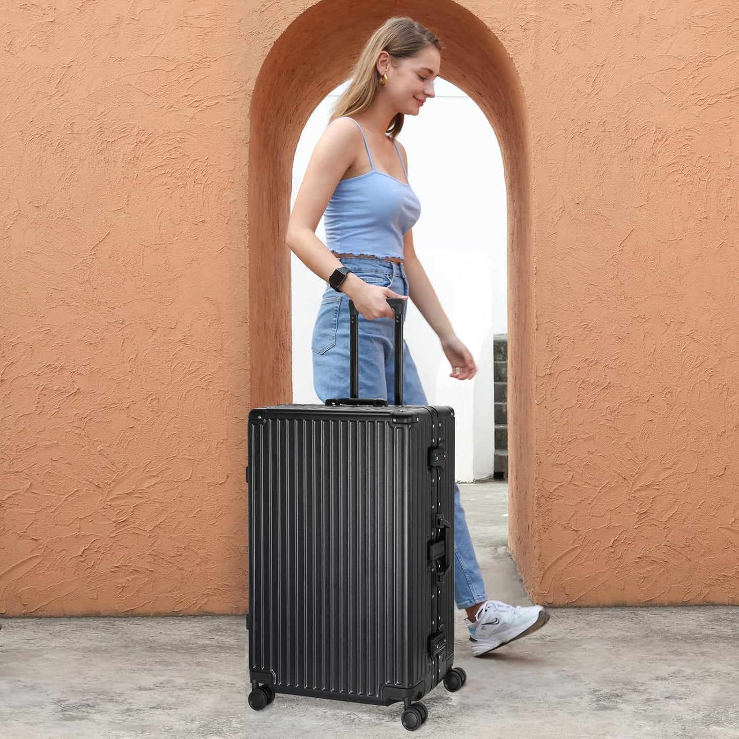 AnyZip Luggage Aluminium Frame Suitcase Hard Shell TSA Lock No Zipper 28In Black