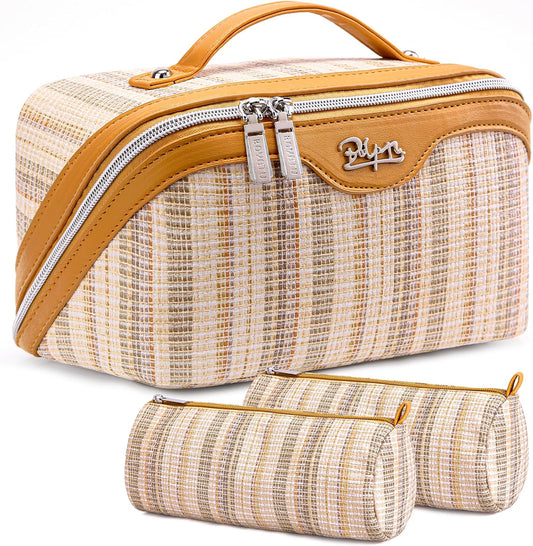 Travel Makeup Bag for Women: Large Capacity Open Flat Make up Bag Set of 3 - Vegan Leather Cosmetic Bag with Compartments - Waterproof Toiletry Bag with Handle & Divider(Gold)