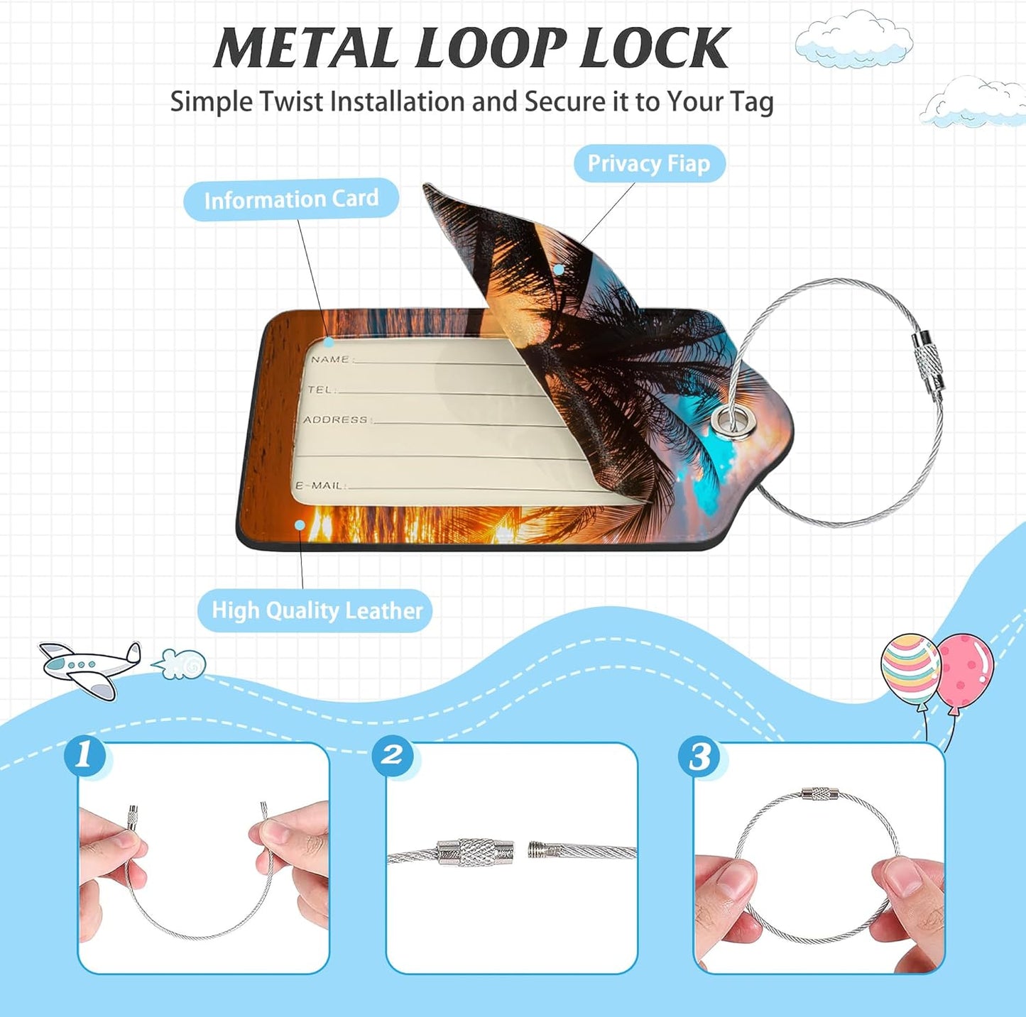 3 Pack Luggage Tag for Suitcase,Tropical Sunset Palm Leather Luggage Tags with Privacy Cover Name ID Label Identifiers Travel Bag Tags for Women Men Boys Girls