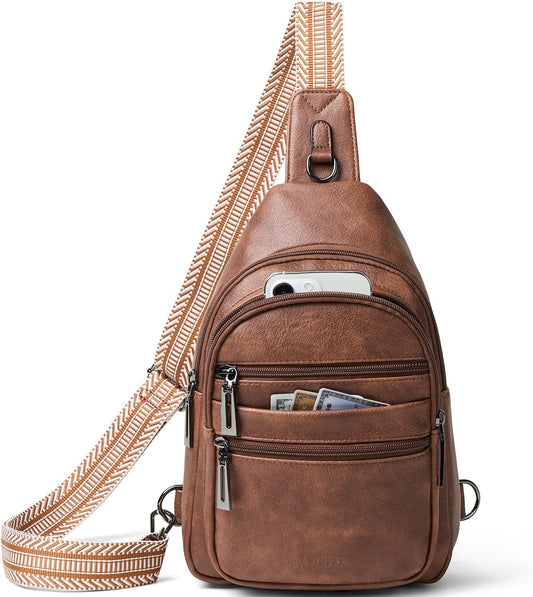 Sling Bag for Women Crossbody Bags Fanny Packs Over Shoulder Bag Sling Purse Backpack Vegan Leather Travel Brown