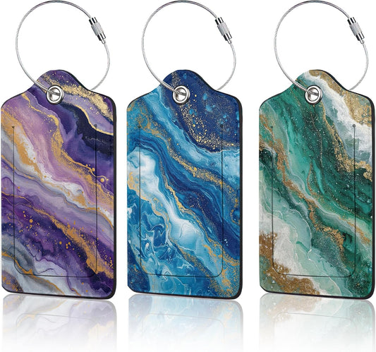 3 Pack PU Leahter Abstract Marble Liquild Luggage Tag with Stainless Steel Loop,Colorful Travel Suitcase Labels with Privacy Cover ID Label Quickly Spot for Bags