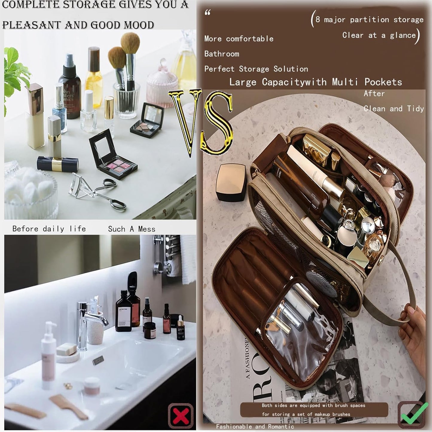 Travel Toiletry Bag for Women PU Leather Triple-layer Double Zipper Toiletry Bags,Waterproof with Handle Mens Toiletry Bag Stowable Brushes, Toiletries Makeup for Business Trips Camping Bathroom Brown