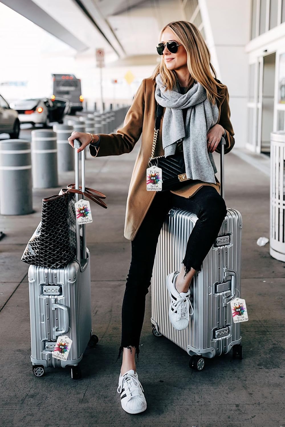 2 Pack Luggage Tags for suitcases Funny Cute I'm Fine It's Fine Luggage Tag, Leather Stainless Steel Loop Label Tag for Men Women Travel Bag Suitcase(White Fine)