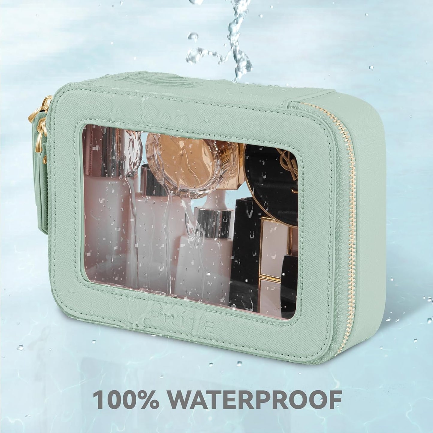 Prite Clear Makeup Bag Cosmetic Organizer Case Waterproof Travel Toiletry Bag Skincare Pouch with Golden Zipper(Green)