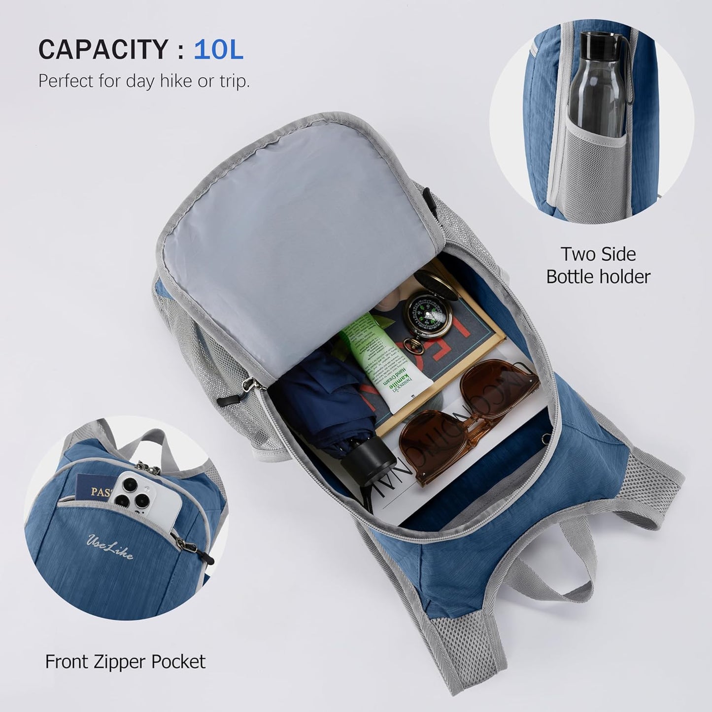 10L Small Hiking Backpack Travel Daypack Lightweight Packable Back Pack for Women Men(Navy Blue)