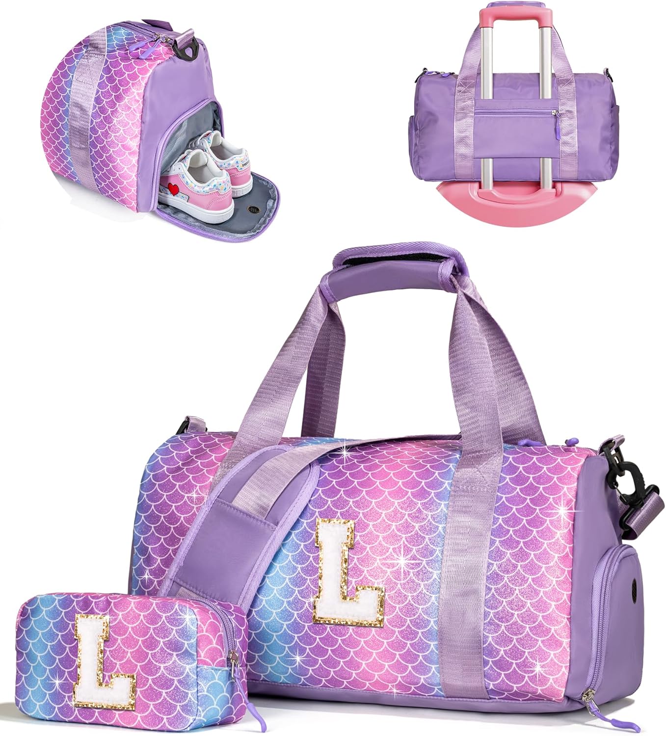 Trendy Gifts Granddaughter-Girl Gym Bag with Shoe Compartment, Kid Personalized Weekender Dance Bags, Initial Travel Tote with Makeup Pouch, Niece Girls Birthday Gift (Letter L)