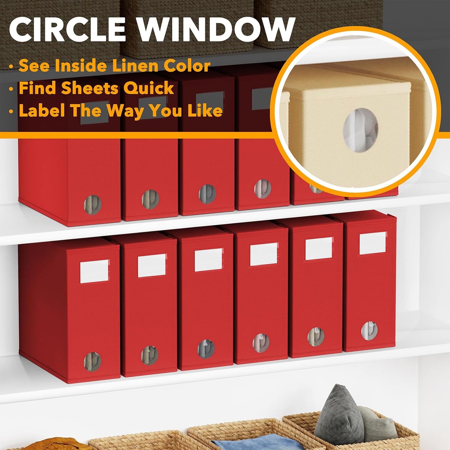 SpaceAid 12 Pack Bed Sheet Organizers and Storage, Foldable Organizer for Linen Closet, Set Folder Keeper With Window XL (Queen & King Size) Bedding Container (Red)