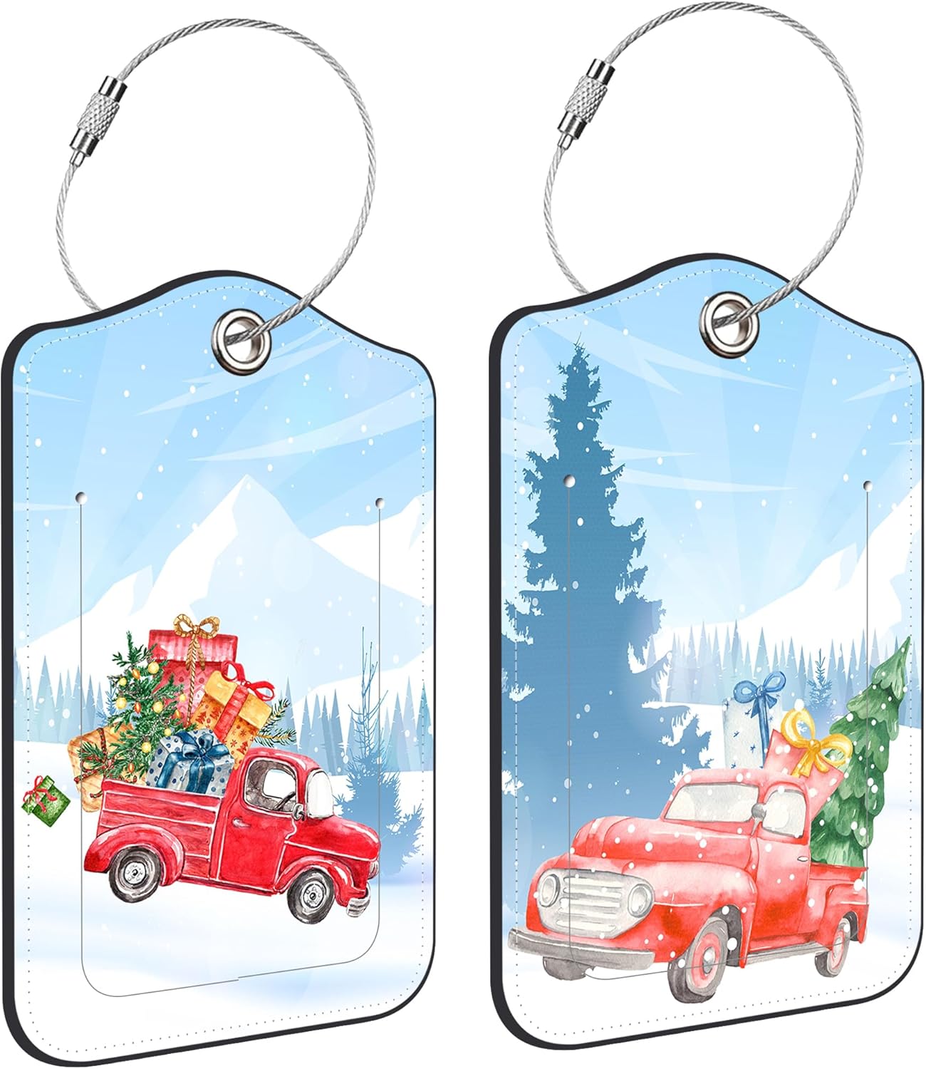 2 PCS Leather Luggage Tags for Suitcase Red Pickup Christmas Tree and Gifts Travel Luggage Tag with Privacy Flap Name ID Label and Metal Loop for Travel Bag Suitcase