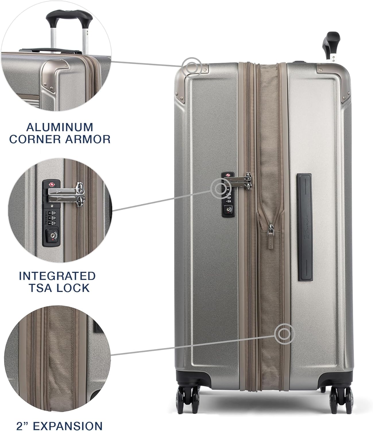 Travelpro Platinum Elite Hardside Expandable Checked Luggage, 8 Wheel Spinner, TSA Lock, Hard Shell Polycarbonate Suitcase, Metallic Sand, Checked Large 28-Inch