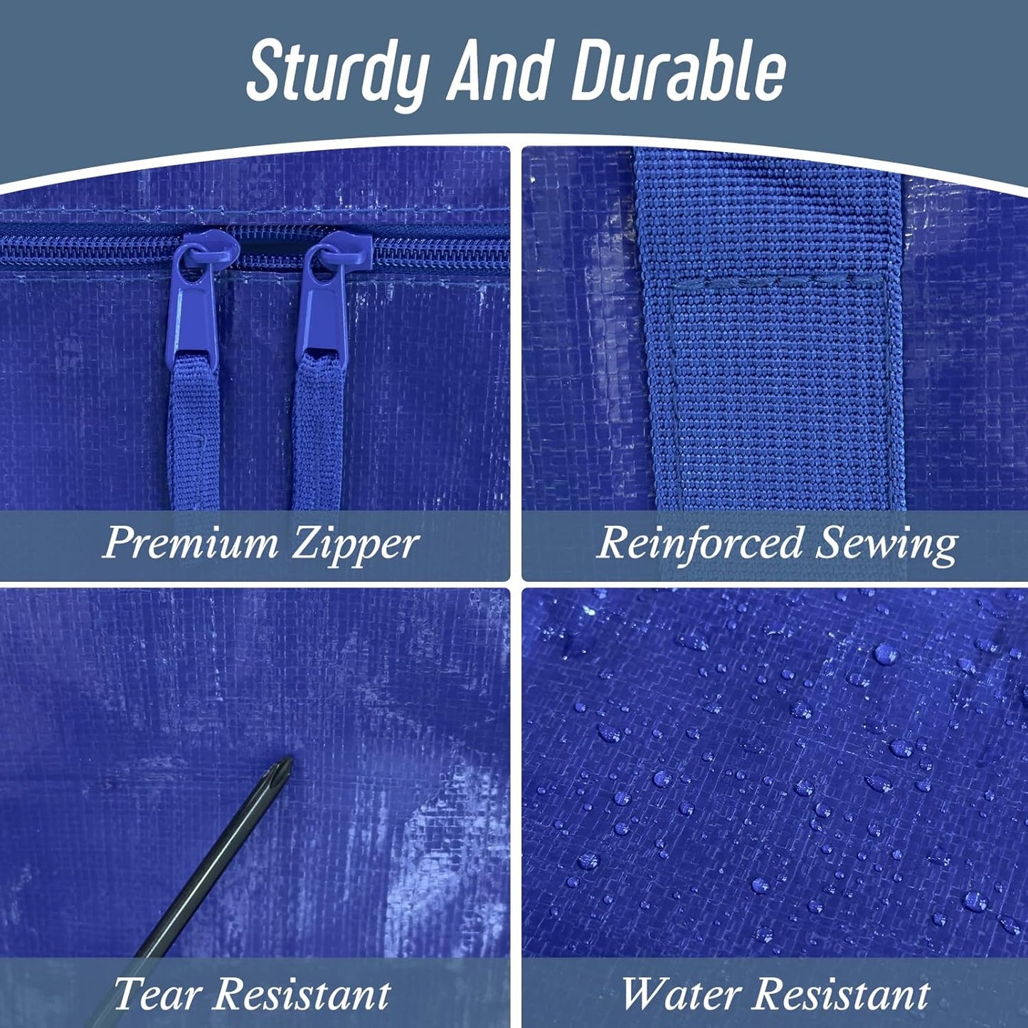 6 Pack Extra Heavy Duty Large Moving Bags with Strong Zipper & Comfortable Handles, Sturdy & Durable Clothes Storage Bags Totes Bins, Packing Moving Boxes for College Supplies, Blue