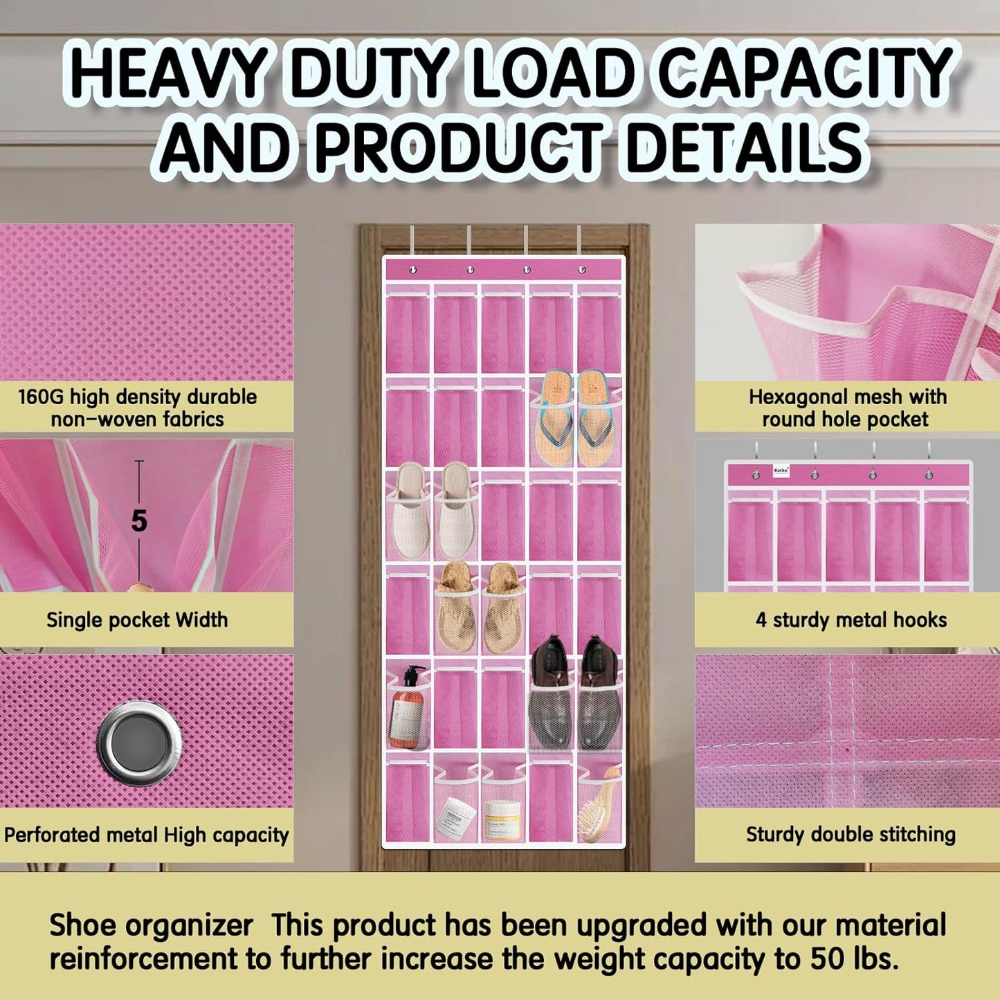 Over the Door Shoe Organizer with 30 Breathable Mesh Pockets - Large Capacity Closet Storage for Men & Women, Hanging Shoe Rack Organizer -Pink