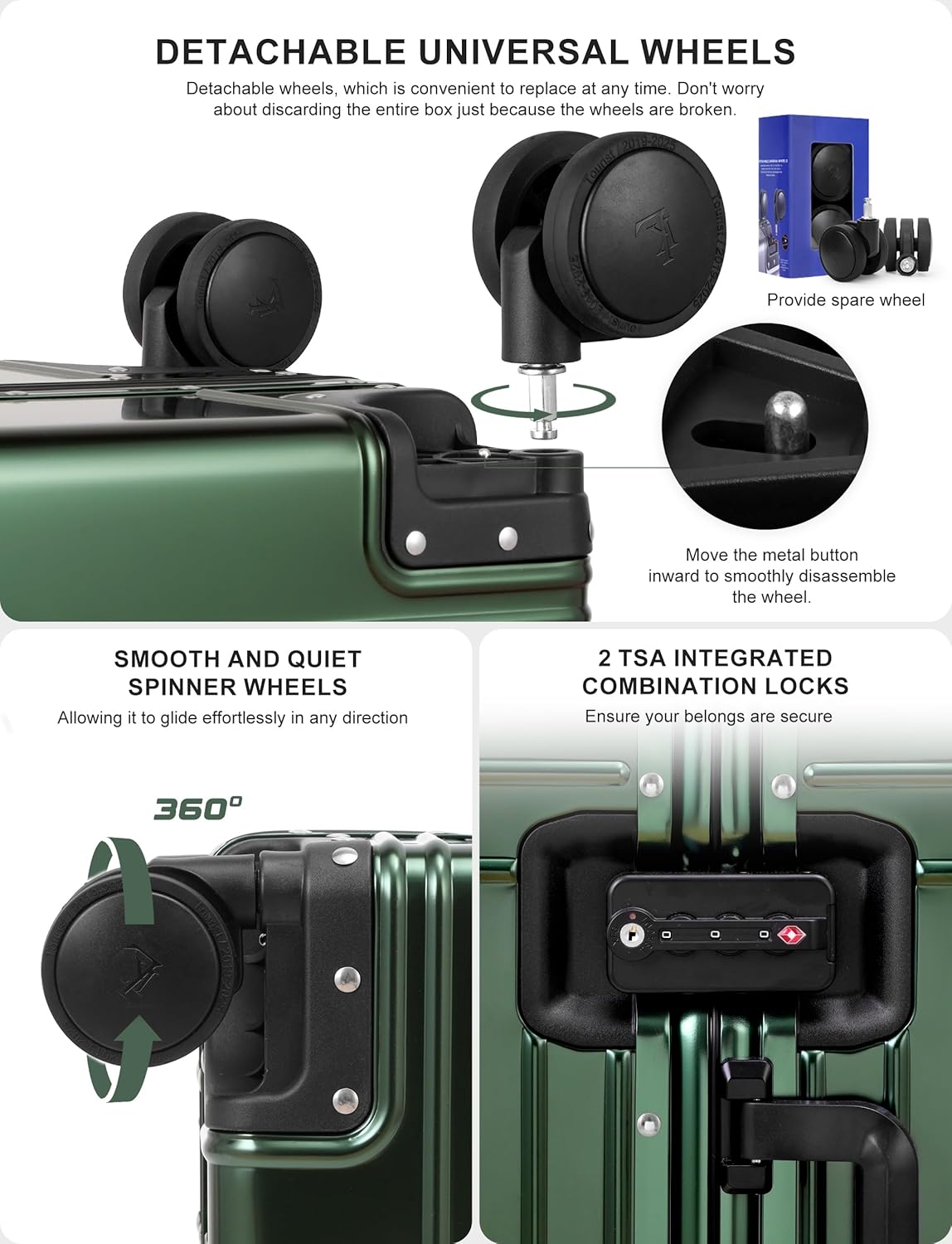 All Aluminum 20/28 Luggage Set，Cut from Whole Aluminum Sheet，22x14x9 Airline Approved ，（3rd Generation，Premium Metal zipperless suitcase ） (green, 20+28inch)