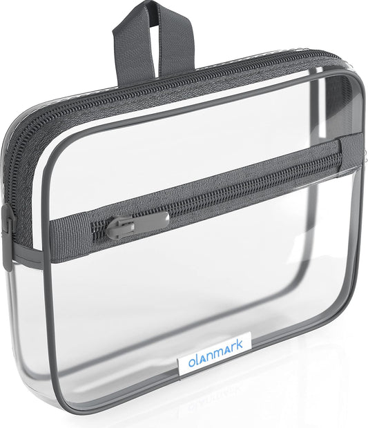 Olanmark TSA Approved Toiletry Bag with Pocket - 311 Small Quart Size Cosmetic Case for Airport Liquids - Clear Makeup Pouch Transparent Plastic Zipper Organizer - PVC Travel Bags Grey