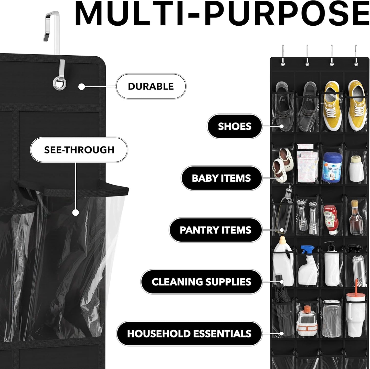Simple Houseware 24 Pockets - Crystal Clear Over The Door Hanging Shoe Organizer, Black (64'' x 19'')