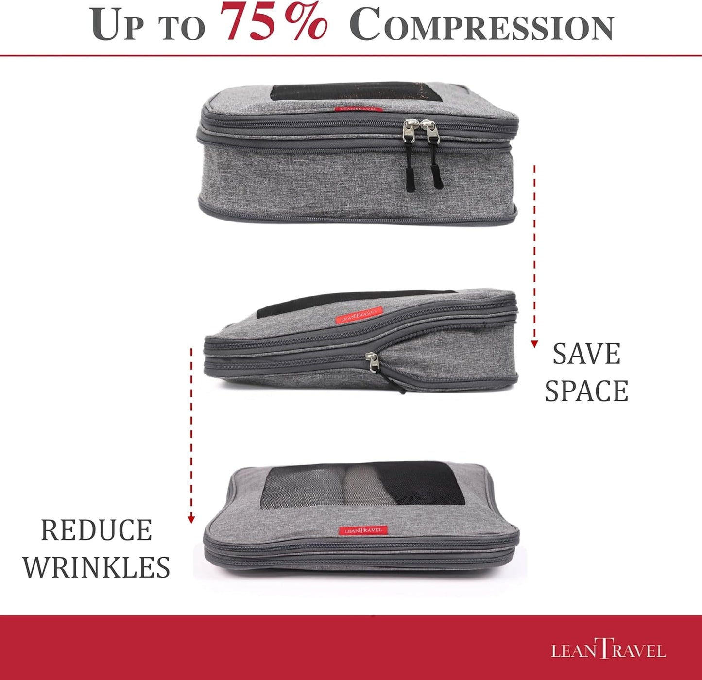 LeanTravel Compression Packing Cubes for Travel Organizers with Double Zipper (6-Pack (2L+2M+2S), Grey)