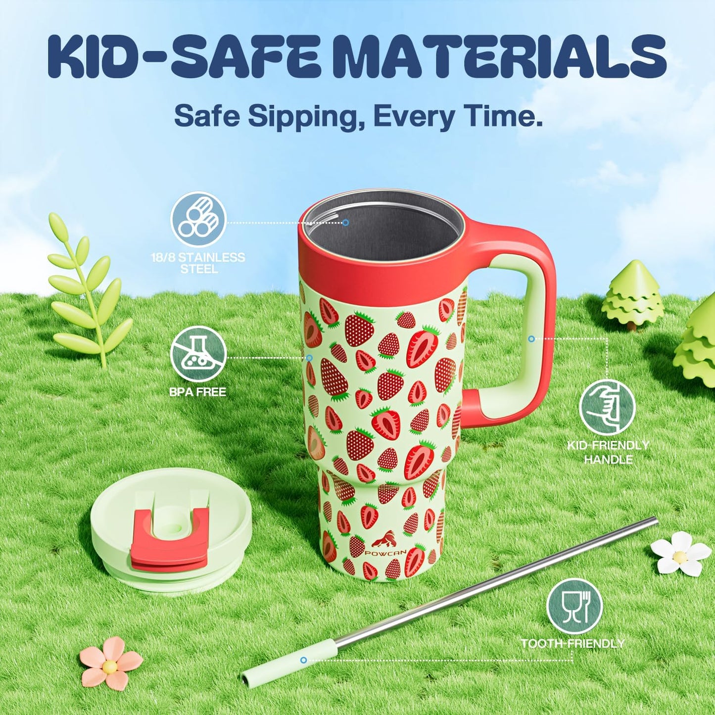 24 oz Metal Tumbler Cup for Girls: Easy Grip Handle, Leak-Proof when Sealed, Easy to Clean, Double Wall Vacuum Cup for Home, School, Daycare, Party, Picnic, Hiking, Travel, Gift (Strawberry Pop)