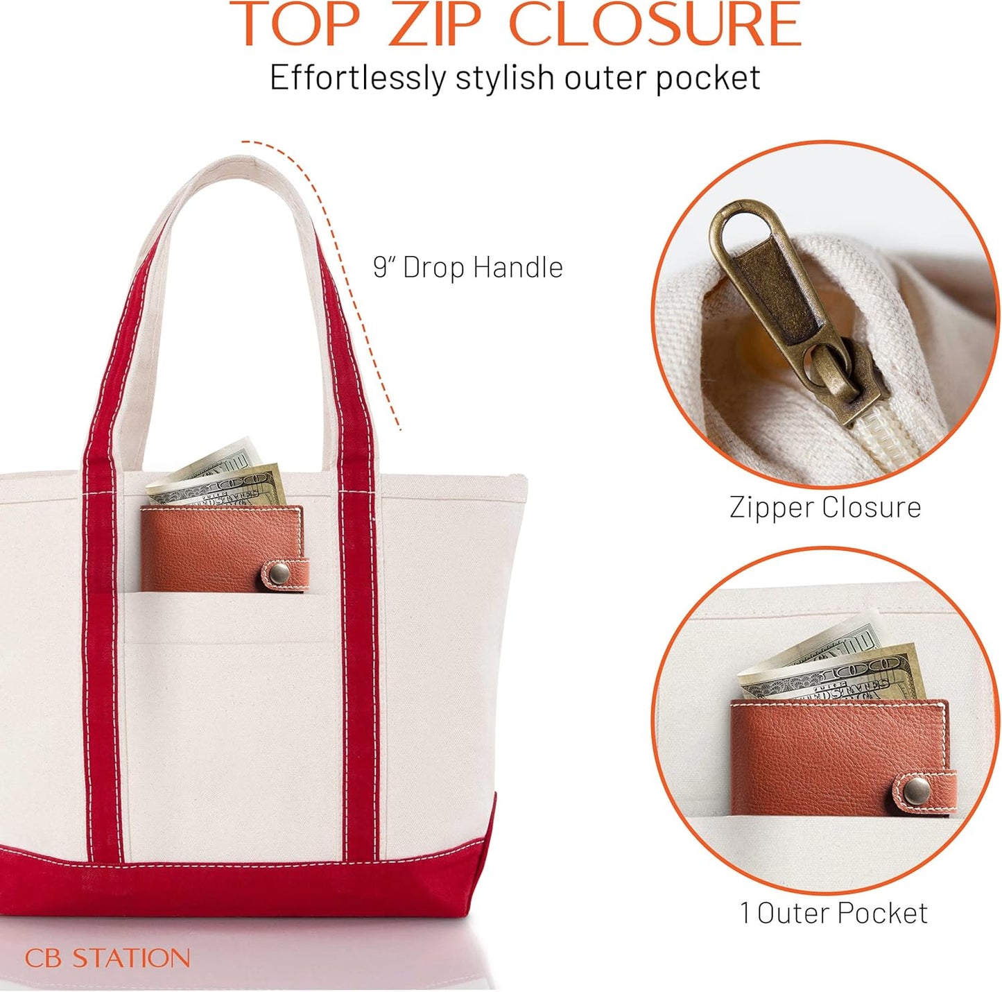 CB STATION Medium Classic Canvas Tote Bag for Women, Top Zipper Closure, Outer Pocket, Daily Essentials, Groceries, Traveling