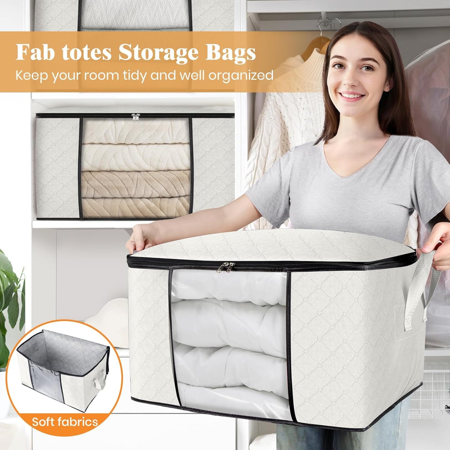 Fab totes 3 Pack Clothes Storage, Foldable Thick Fabric Blanket Storage Bags, Containers for Organizing Bedroom, Closet, Clothing, Comforter, Organization with Handle,Ivory White