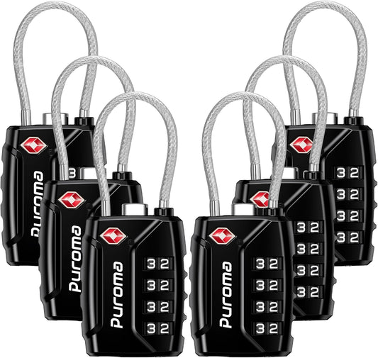 Puroma 6 Pack TSA Approved Luggage Locks, 4 Digit Combination Travel Locks Resettable Code Lock with Zinc Alloy Body for Suitcase, Toolbox, Backpack, Bag, Gym Locker (Black)